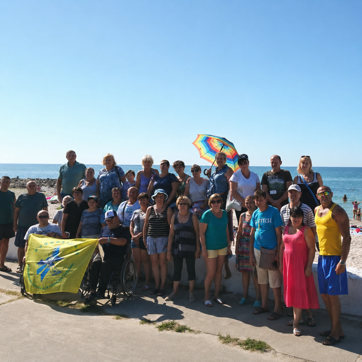 Community gathering by the sea with Confederation flag